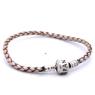 PANDORA ALE 925 Sterling Silber Creme Champagner Geflochten Leder Bettelarmband