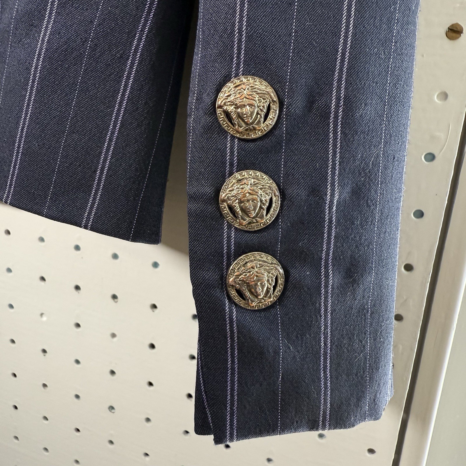 Vintage Gianni Versace Purple Pinstripe Blazer Pant Suit Leather Trim & Vest 44 image 9