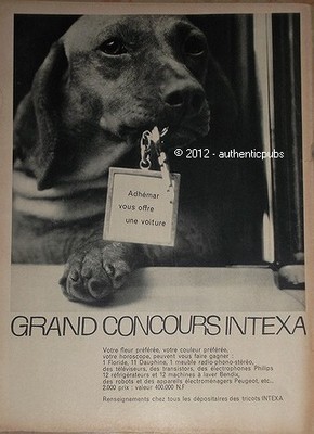 1960 ADVERTISEMENT INTEXA KNITTING DOG DACHSHUND ADHEMAR KEY CAR FRENCH DOG AD