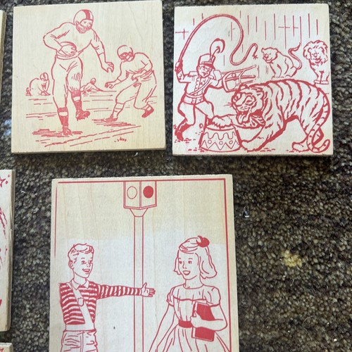 Vintage 1950’s Wooden Square Coasters Painted Pictures Circus Game Football Game - Picture 5 of 7