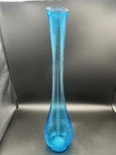 Vtg Large Aquamarine Blue Thumb Swung Vase Handblown Art Crackle 18" MCM