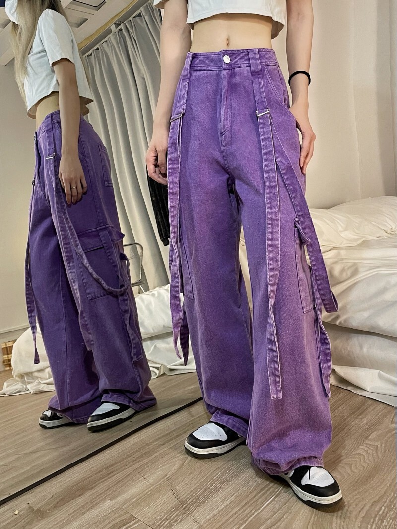 Women's Girl Harajuku pocket Jeans Casual Denim Loose Wide