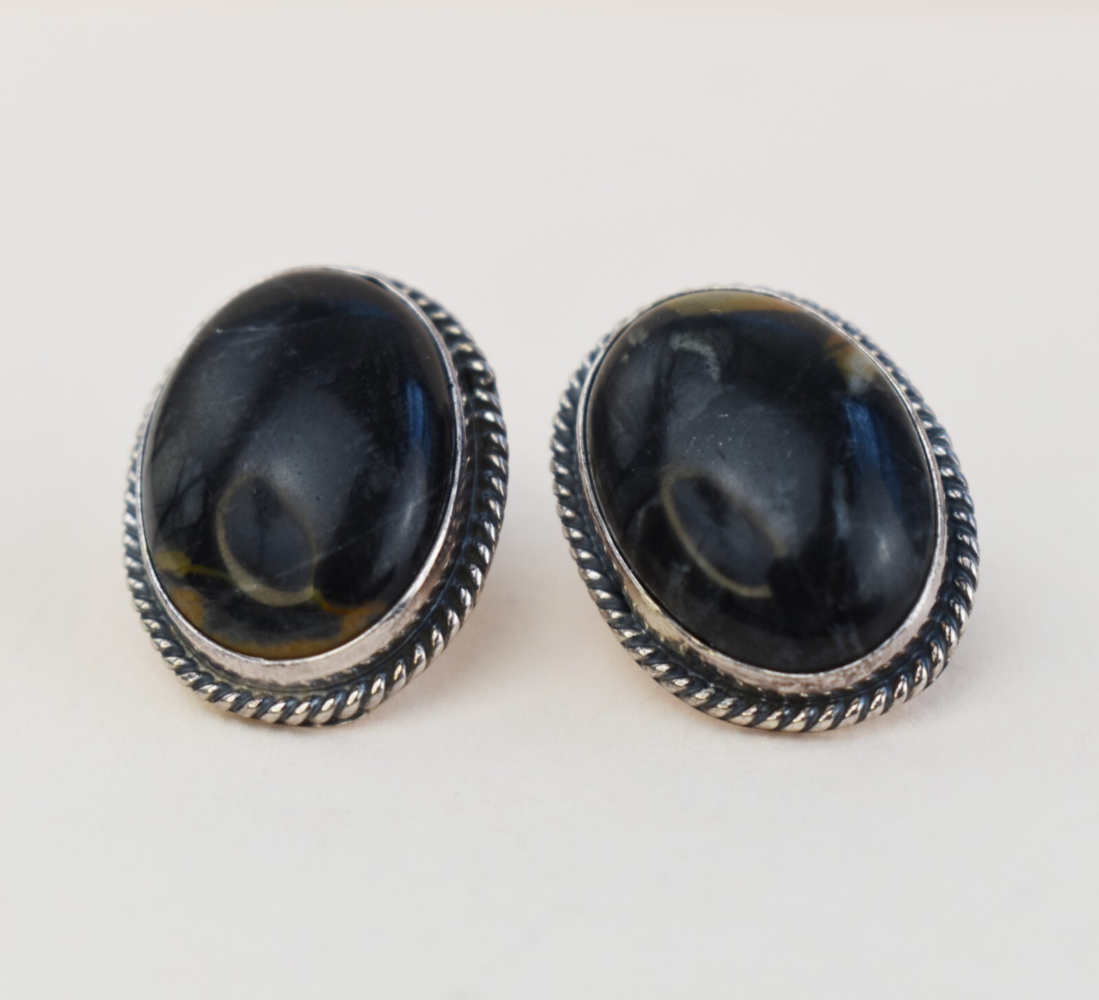 Large jasper earrings stud, statement black oval … - image 3