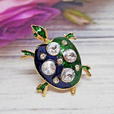 Green Blue Enamel Clear Rhinestone Turtle Brooch Gold Tone Pin