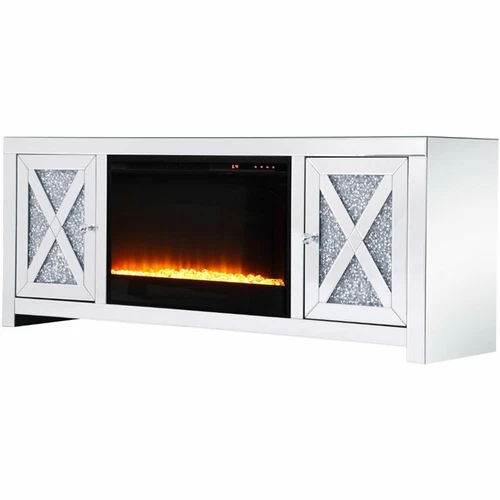 Elegant Decor Modern 2 Door 59" Clear Silver Mirrored Crystal Fireplace TV Stand - Picture 1 of 10