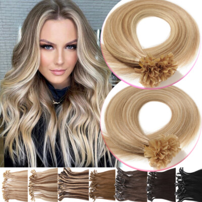 Nail U Tip Human Hair Extensions Pre Bonded THICK Russian Remy Keratin BALAYAGE#