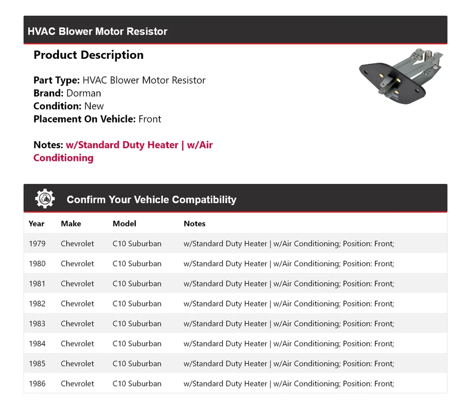 适用于 1979 - 1986 雪佛兰 C10 Suburban Dorman HVAC 吹风机电机电阻器前部 — 第 2/4 张图片