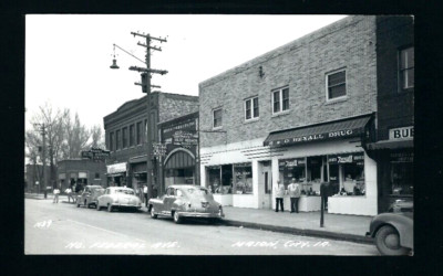 Mason City Iowa IA c1940 RPPC North End, Rexall, Pete's Place, Brewing, Candies!