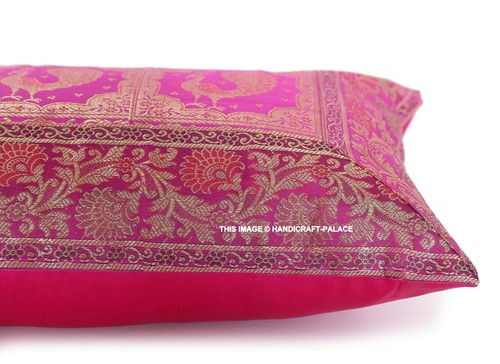 Indian Peacock Banarasi Silk Cushion Cover Handmade Golden Brocade Work Pillow - Picture 2 of 6