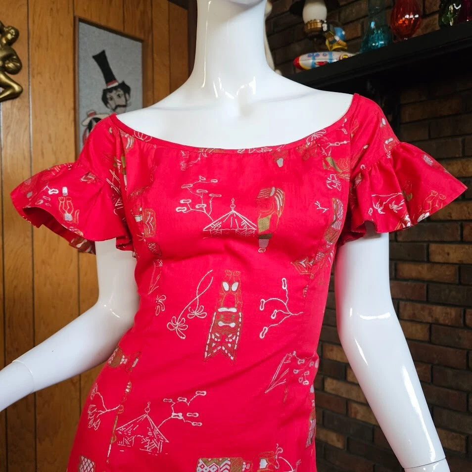 Maxi Vestido Hawaiano De Colección Años 50 Shaheen Sirena Cola de Pescado Metálico Dioses Tiki M Foto 3 de 4