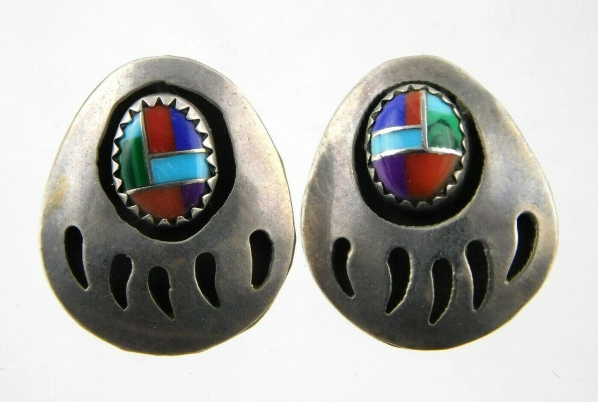 Sensa Eustace Zuni Native American Sterling Silver Bear Claw Earrings Multi Gem