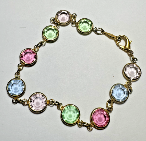Blue Green Pink Crystal Glass Benzel Set Link Gold tone 7-1/2" Vintage Bracelet