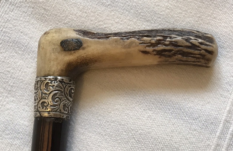 FINE ANTIQUE E/INDIAN ROSEWOOD ANTLER WALKING STICK CANE 1896 SILVER