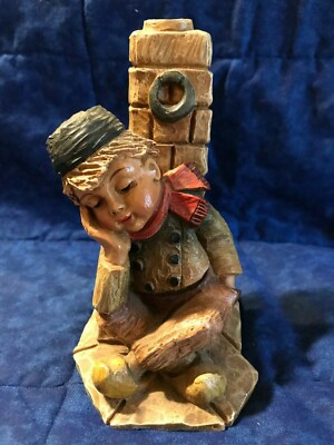 VINTAGE ~ FOLK ART ~ DUTCH BOY FIGURE SITTING BY A POST ''THINKING'' ~ COP-VERB