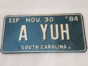 "A YUH" South Carolina Personalized Vanity License Plate Vintage 1984