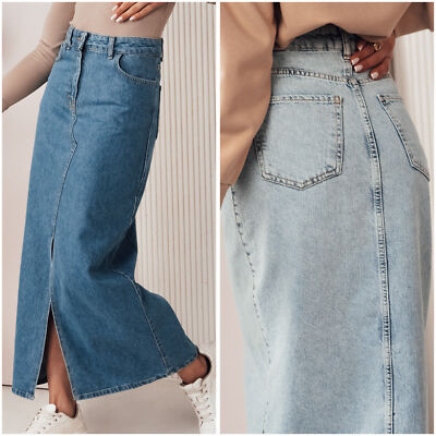 Damen Jeans Maxirock Denim Rock Schlitz Casual Lang Rock Unifarbe DSTREET S M L