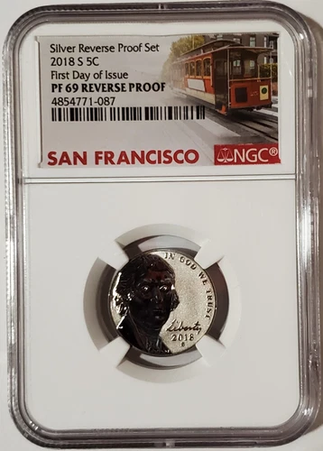 2018-S 5C JEFFERSON NGC PF69 First Day Of Issue Reverse Proof Coin..
