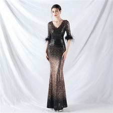 New Womens Sexy V Neck Dress Pearl Long Sleeved Evening Gown Formal Party Dress
