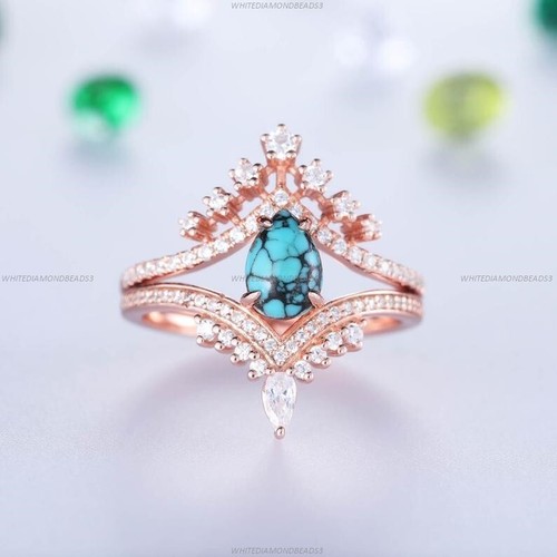 Bridal Statement Engagement Ring 14k Gold Turquoise Moissanite Gemstone Jewelry - Picture 6 of 6