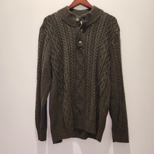 LL Bean Heritage Soft Cotton Fisherman Henley Sweater XXL Tall Green Cable Knit