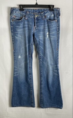 True Religion Women's Blue Flare Jeans Embroidered Buddha Low Rise USA Sz 30