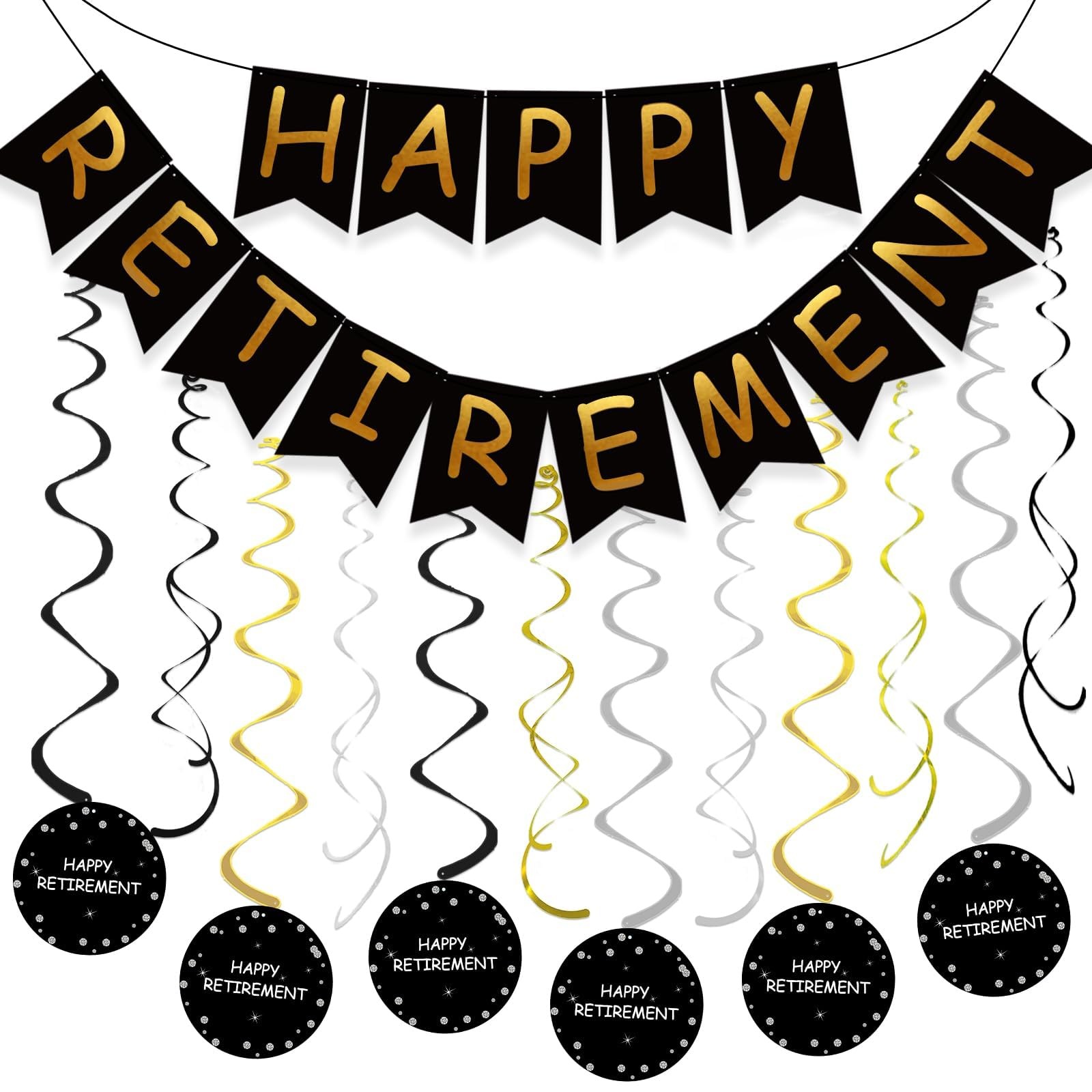 Retirement Party Decorations for Men Women Black Gold Happy Retirement Banner...