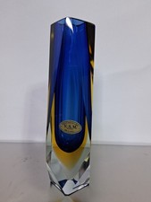 Vaso Vetro Murano Sommerso Sfaccettato Blu Cobalto Oro 7,75" Vetri Artistici Italia