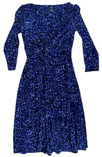 Chaps Blue Geometric Knit Ruched Scoop Neck Fit & Flare Knee Dress 3/4 S