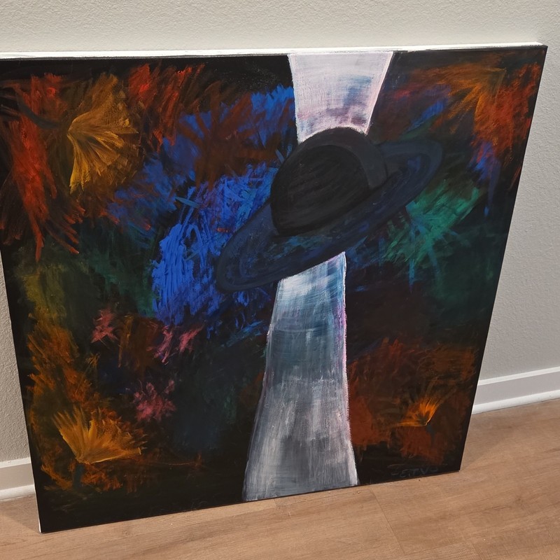 EStu Signed Large Abstract Space Planet Acrylic Painting on Unframed Canvas