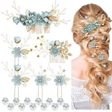 18 Pieces Bridal Wedding Party Prom Pearl Rhinestone Light Green Flower Hair ...