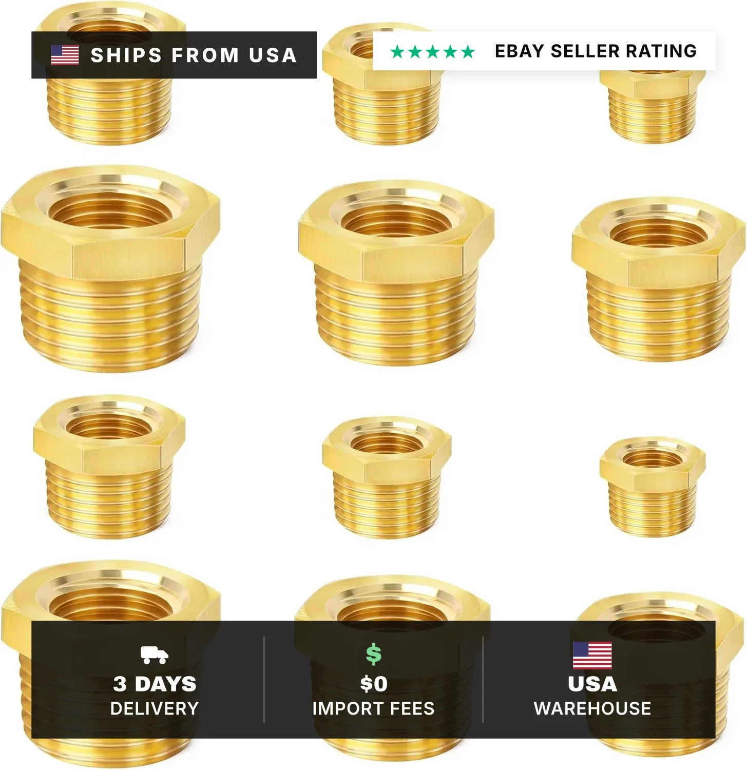 Brass Pipe Fitting Kit, Hex Bushing 1/4"×1/8", 3/8"×1/8", 3/8"×1/4", 1/2"×1/4",