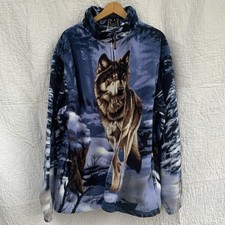Trail Crest Jacket Blue Fleece Winter Wolf All Over Print Mens XL 1990s Y2K Meme