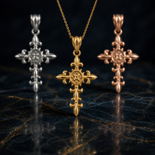 Gold Fleur De Lis Cross Pendant Necklace Poli...