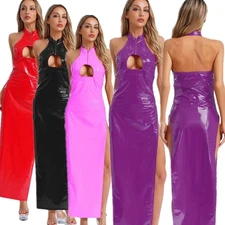 Women's Sexy Shiny Wetlook Pvc Leather Halter Neck Maxi Dress Split Dress Club
