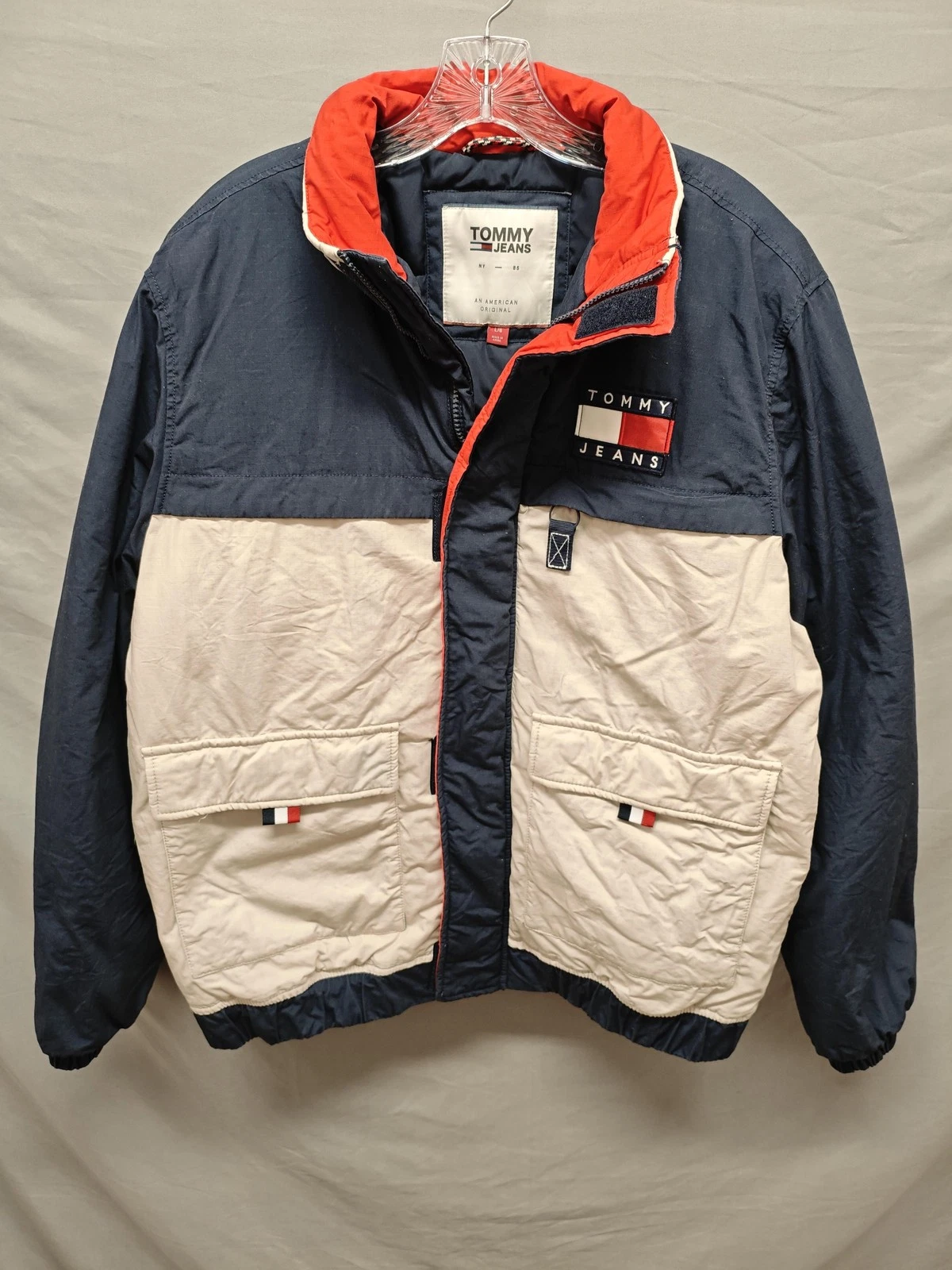 Tommy Jeans Jacket Mens Large Navy Red Colorblock Puffer Winter Coat DM0DM07368