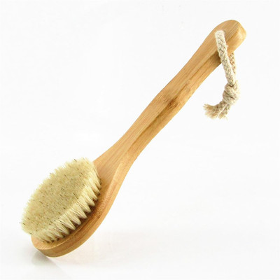 9.84'' Short Handle Dry Body Brush Back Scrubber, Bamboo Handle and Natural Boar