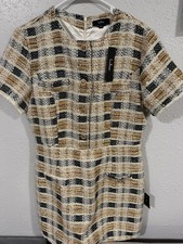 Lulus XL Plaid Tweed Shift Dress Short Sleeve Lined Beige Black Gold