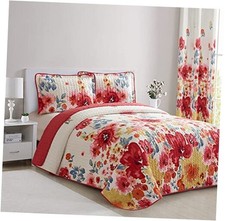 3 PC Floral Printed Red and Beige Reversible Bedspread Quilt Queen Red  Beige