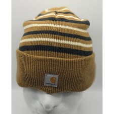 Carhartt Youth Striped Knit Beanie Hat Brown Black White CB8943 Kids Cuffed Logo