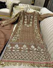 Women Salwar Kameez Net Lace Embroidered 3pc Suit w/ Dupatta Brown M