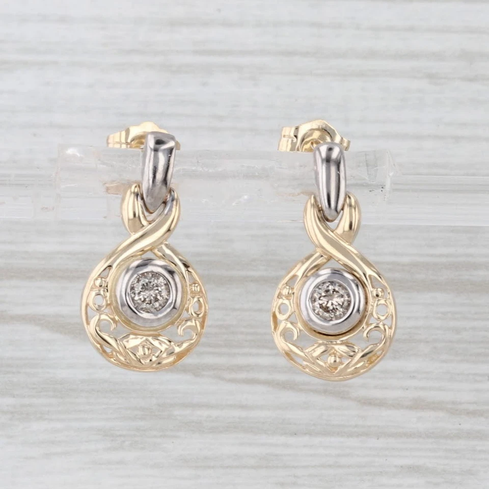 0.30ctw Diamond Solitaire Drop Earrings 14k White Yellow Gold Ornate - Image 2 of 4