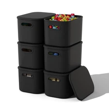 6 Pack Black Storage Bins with Lids Stackable Storage Container for Organizin...