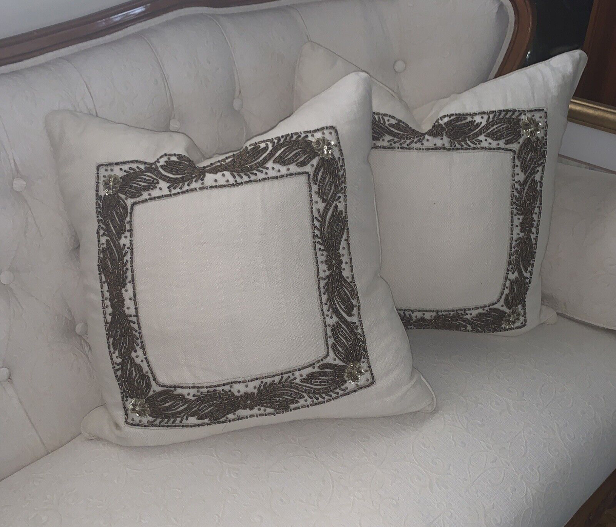 ARHAUS 2- White Linen Square Decorative Pillow Covers Lined Beaded
