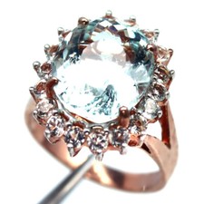 925 Silver 11 x 13 MM. Aqua Blue Aquamarine  White Topaz Jewelry Ring Size 6.5