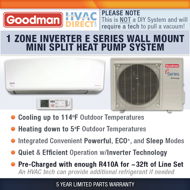 Goodman 18000 BTU 18 SEER2 Ductless Mini Split Heat Pump AC & Inverter ...