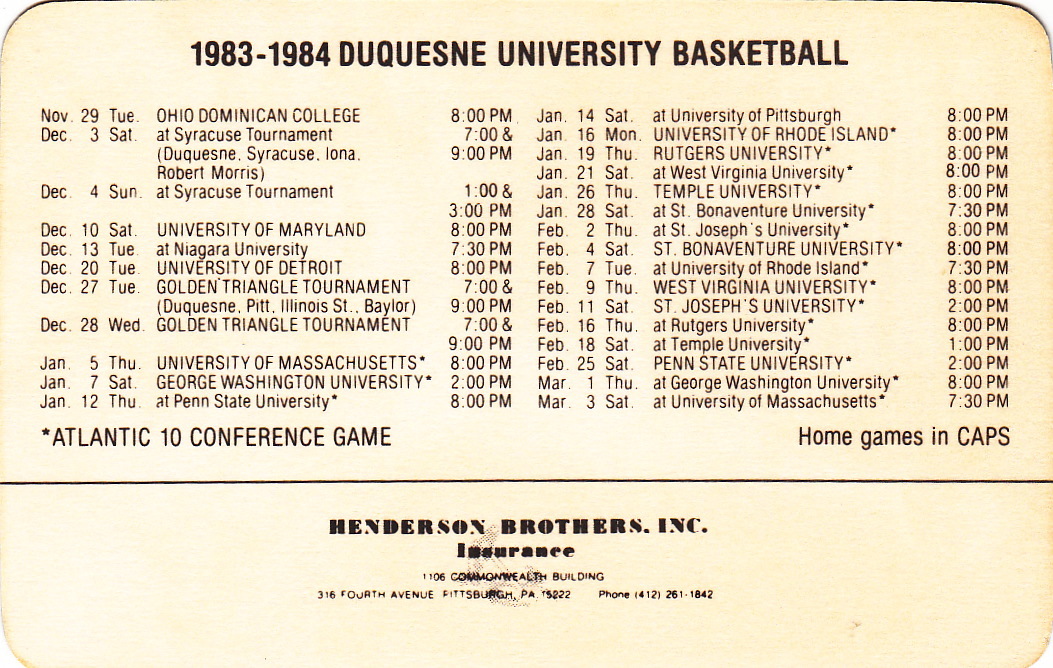 198384 DUQUESNE DUKES BASKETBALL POCKET SCHEDULE eBay