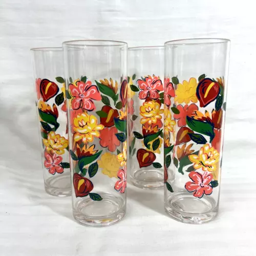 VTG 90's Tropical Floral Acrylic Tall Tumblers Sweet Tea Glasses Tropical Summer