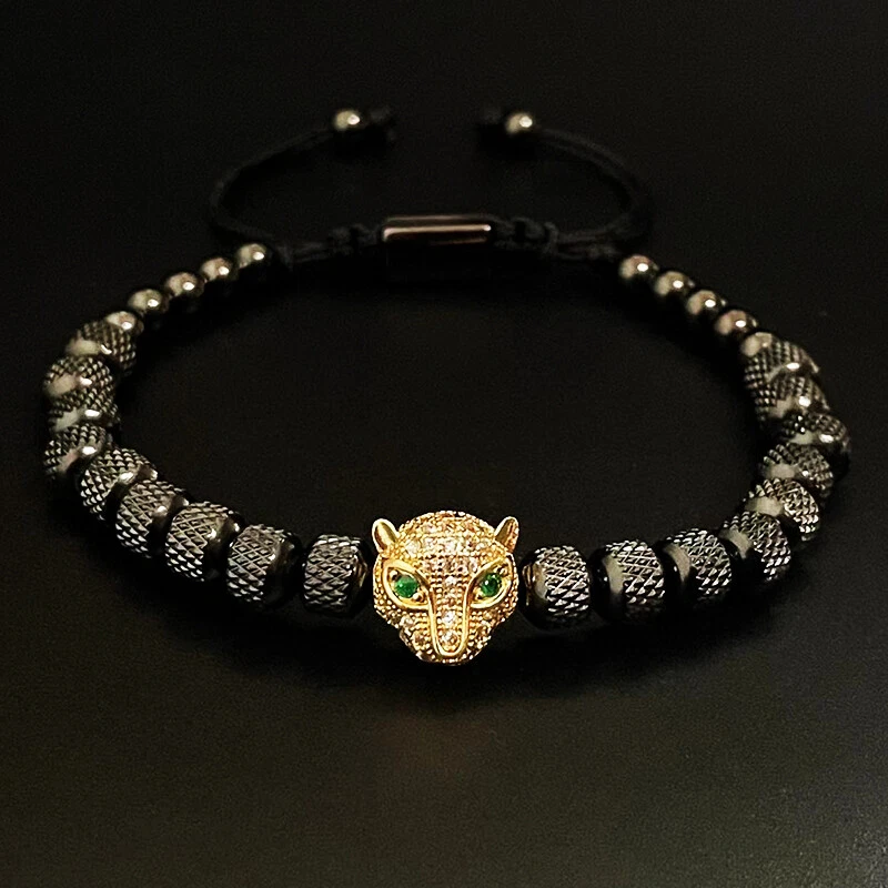 Luxo contas de aço inoxidável com miçangas cabeça de leopardo homem pulseiras pulseira feminina presente - Imagem 4 de 4