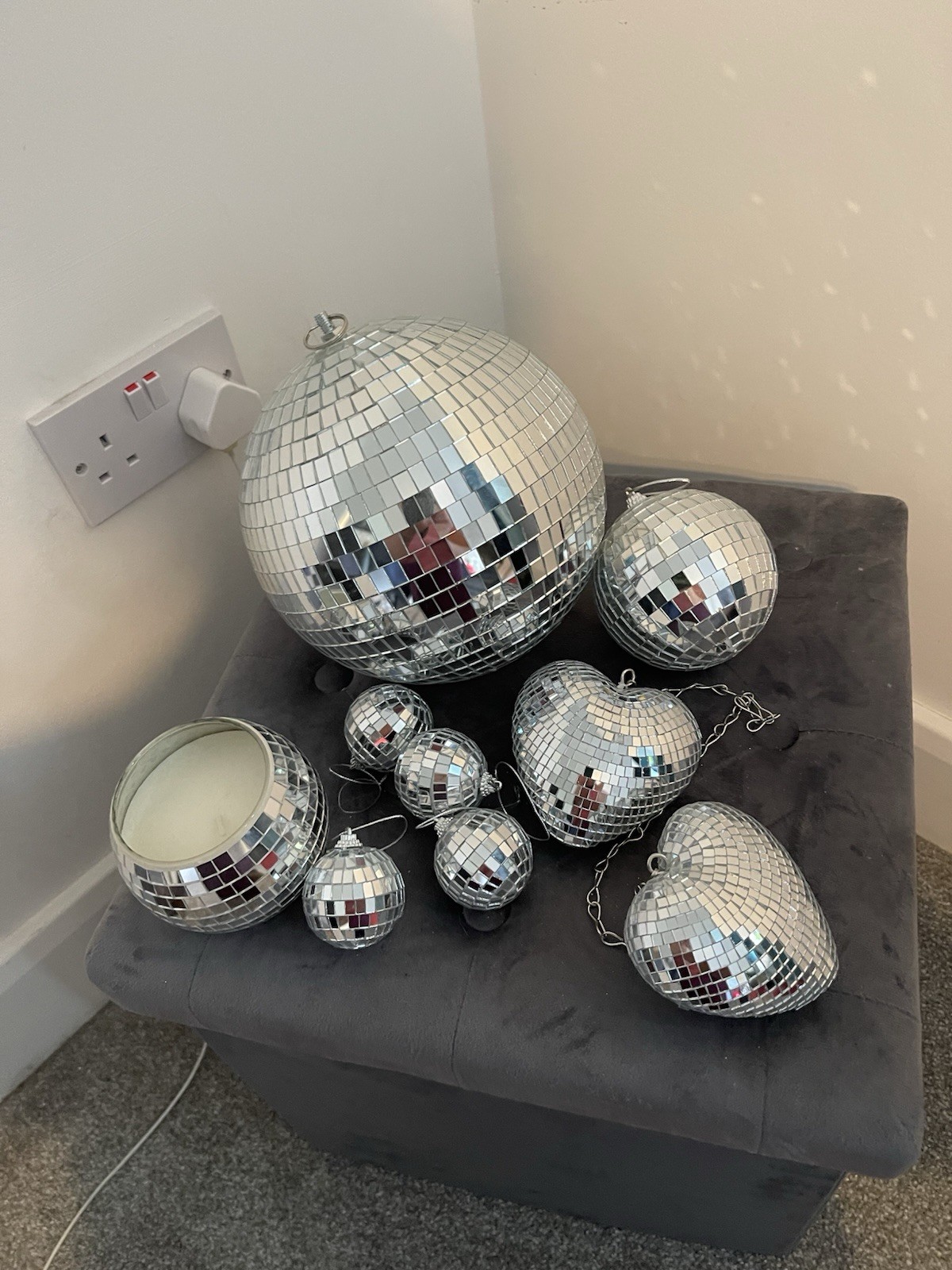 New Silver Disco Ball Hanging Set – Various Sizes inc. Candle Holder & Hearts 2