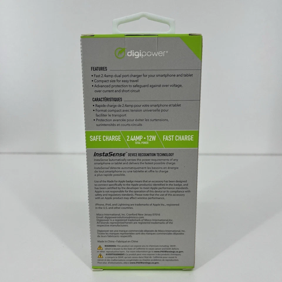 Зарядное устройство настенное Digipower два USB и кабель зарядки Lightning 3,3 фута сертифицированный MFi - Изображение 2 из 4